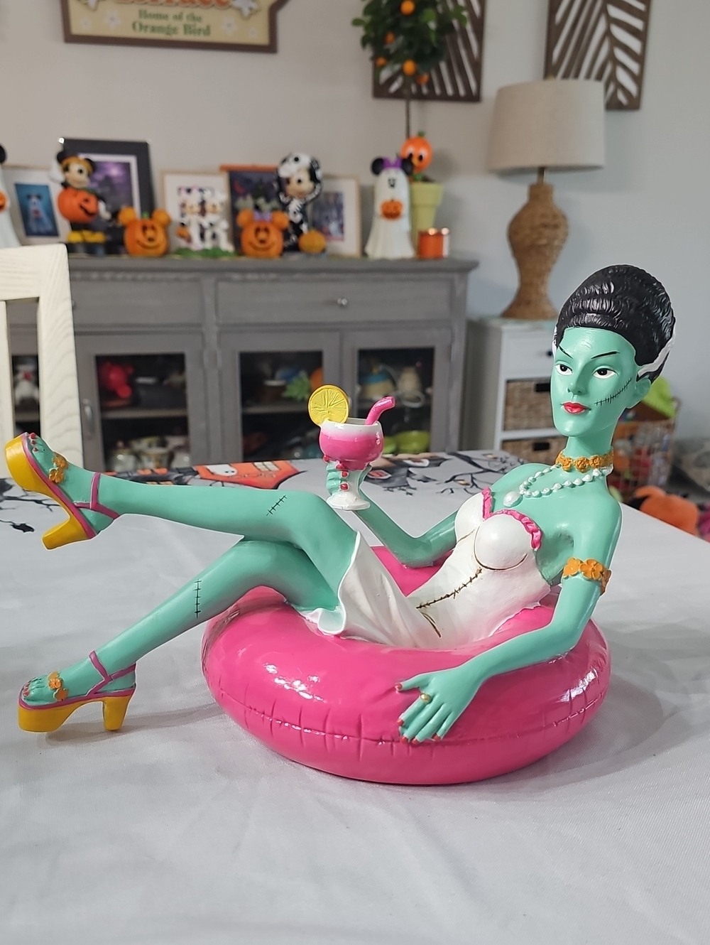 New! Bride Of Frankenstein with Dress, Cocktail, Heels on a Pink Pool Float